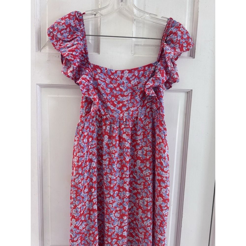 Zara Floral Ruffle Sleeve Maxi Dress Red Blue Smocked Back Size M - Picture 4 of 10